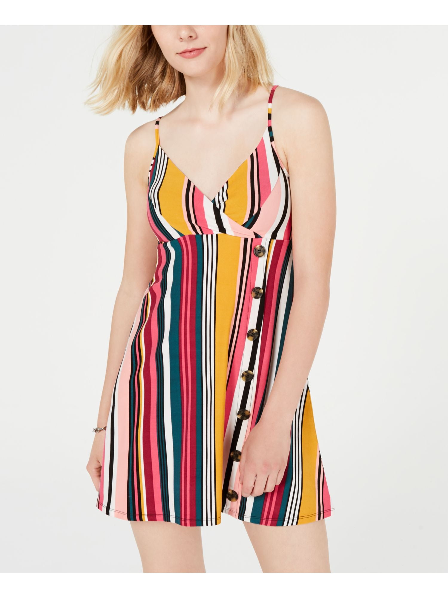 Pink Striped Sleeveless V-neck Mini Dress with Buttons
