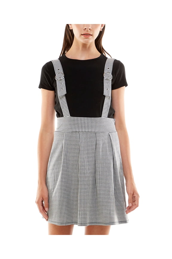 Womens White Adjustable Houndstooth Sleeveless Boat Neck Short Fit + Flare Dress L