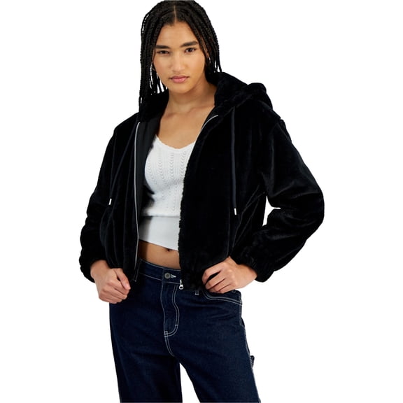PLANET HEART Womens Cozy Faux Fur Hoodie Fleece Jacket, Black, Juniors, Small