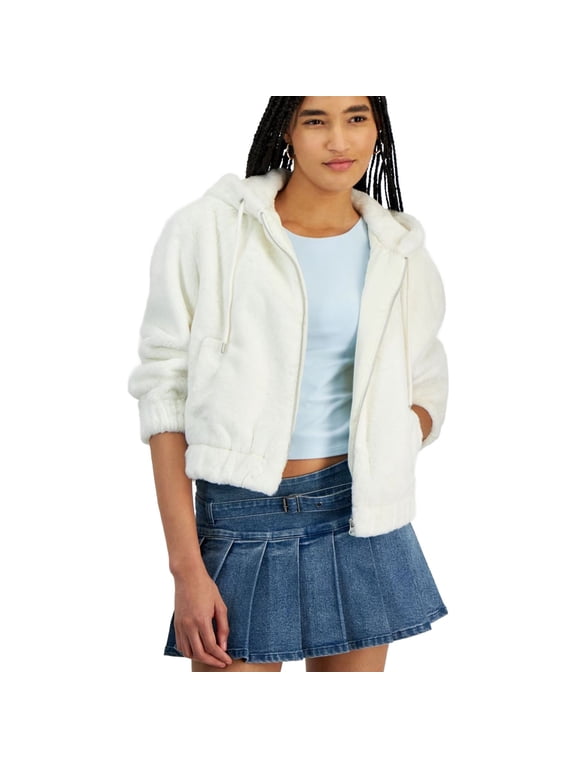 Womens Cozy Faux Faux Fur Hoodie Fleece Jacket, White, Juniors, X-Small