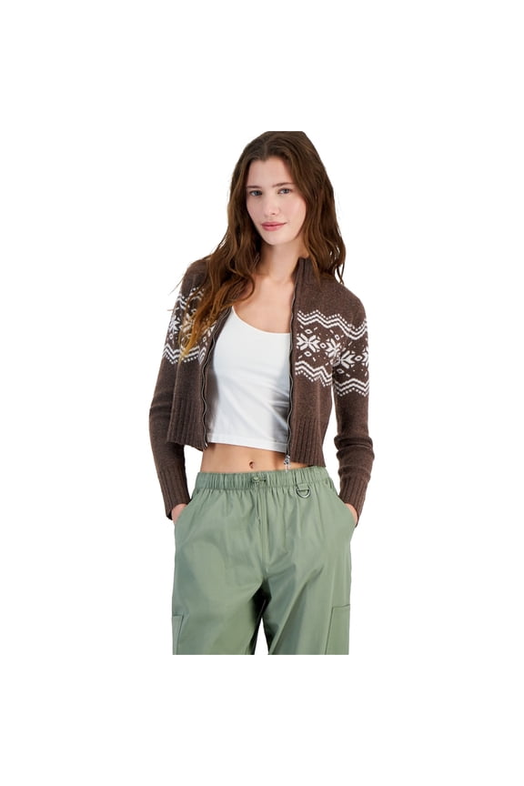Womens Fair Isle Cropped Cardigan Sweater, Brown, Juniors, Small