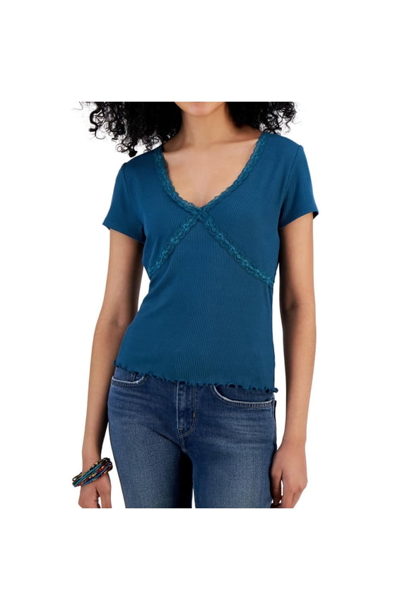 Womens Lace Trim Pullover Blouse, Blue, Juniors, Small