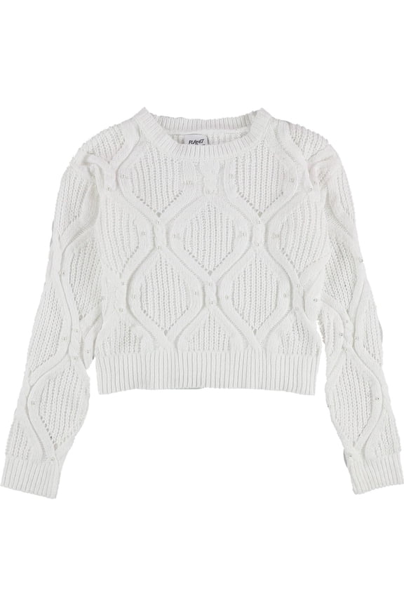 Womens Pearl Embellished Cable-Knit Chenille Knit Sweater, White, Juniors, Small