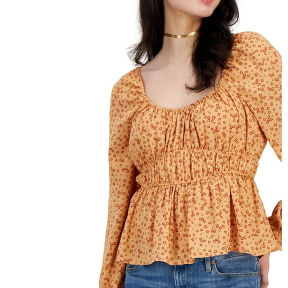 PLANET HEART Womens Puff Sleeve Peplum Blouse, Brown, Juniors, Medium