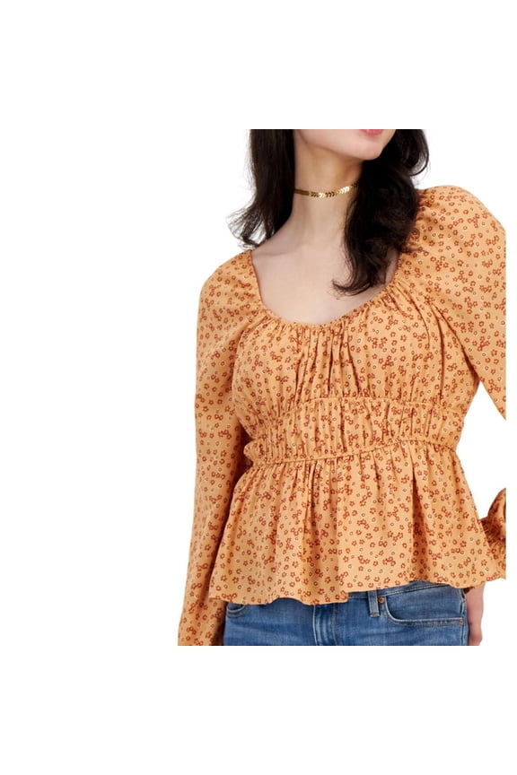 Womens Puff Sleeve Peplum Blouse, Brown, Juniors, Medium