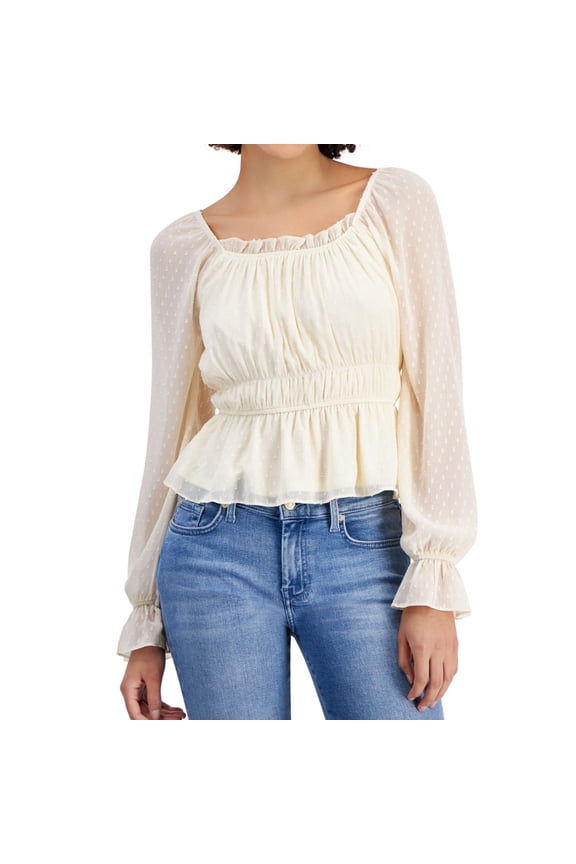 Womens Ruched Peplum Blouse, Off-White, Juniors, Medium