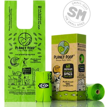 PLANET POOP Home Compostable Dog Poop Bags for Small Pets, 60 Mini Size Dog Waste Bags with Handles, Biodegradable Un-Scented Leakproof Doggy or Cat Bag, Plant Based Eco & Earth Friendly Pet Supplies