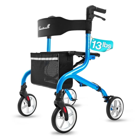 PLANET WALK Super Lightweight Rollator for Seniors, Foldable with Seat & 8" All-Terrain Wheels, Durable Aluminum Frame for Travel - Blue
