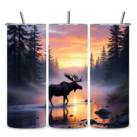 Alpha Printing 20oz Stainless Steel Tumbler Moose Sunrise Lake Edition
