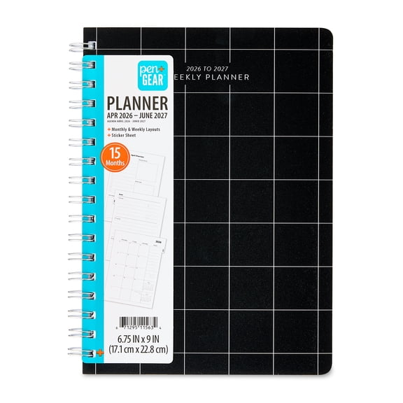 Pen+Gear Medium Black and White Grid Planner April 2026 - June 2027