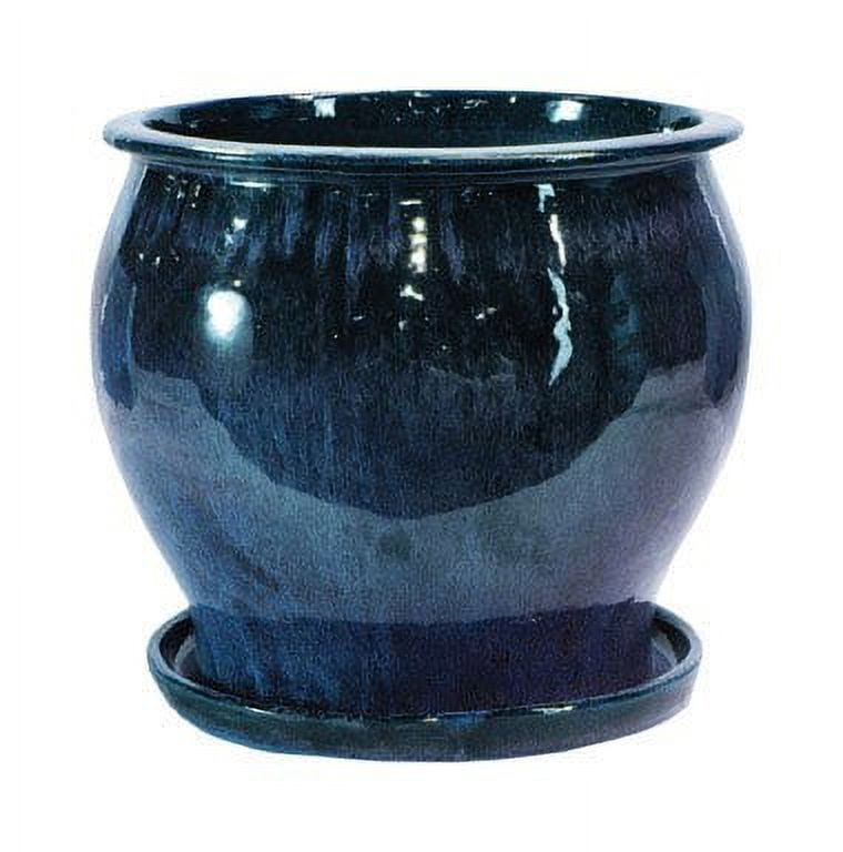 Modern Blue Resin Round Planter with Drainage Hole and Saucer