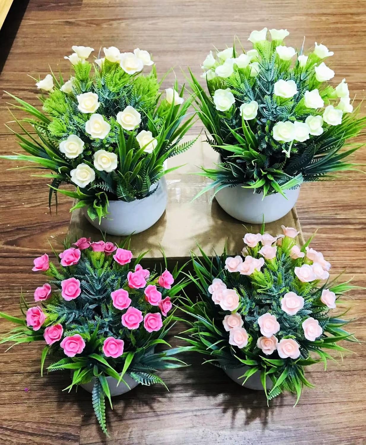 Planters With Mini Roses PLANTERS Artificial Mini Succulent with Tiny Roses in White Plastic ...