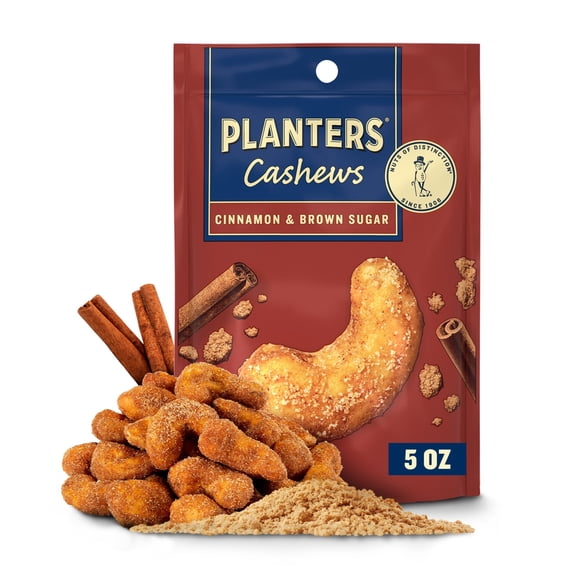Planters Cinnamon & Brown Sugar Whole Flavored Cashews, Plant Based Protein Snacks for Adults, On-The-Go Snacks, Gluten Free, 5 oz Resealable Package