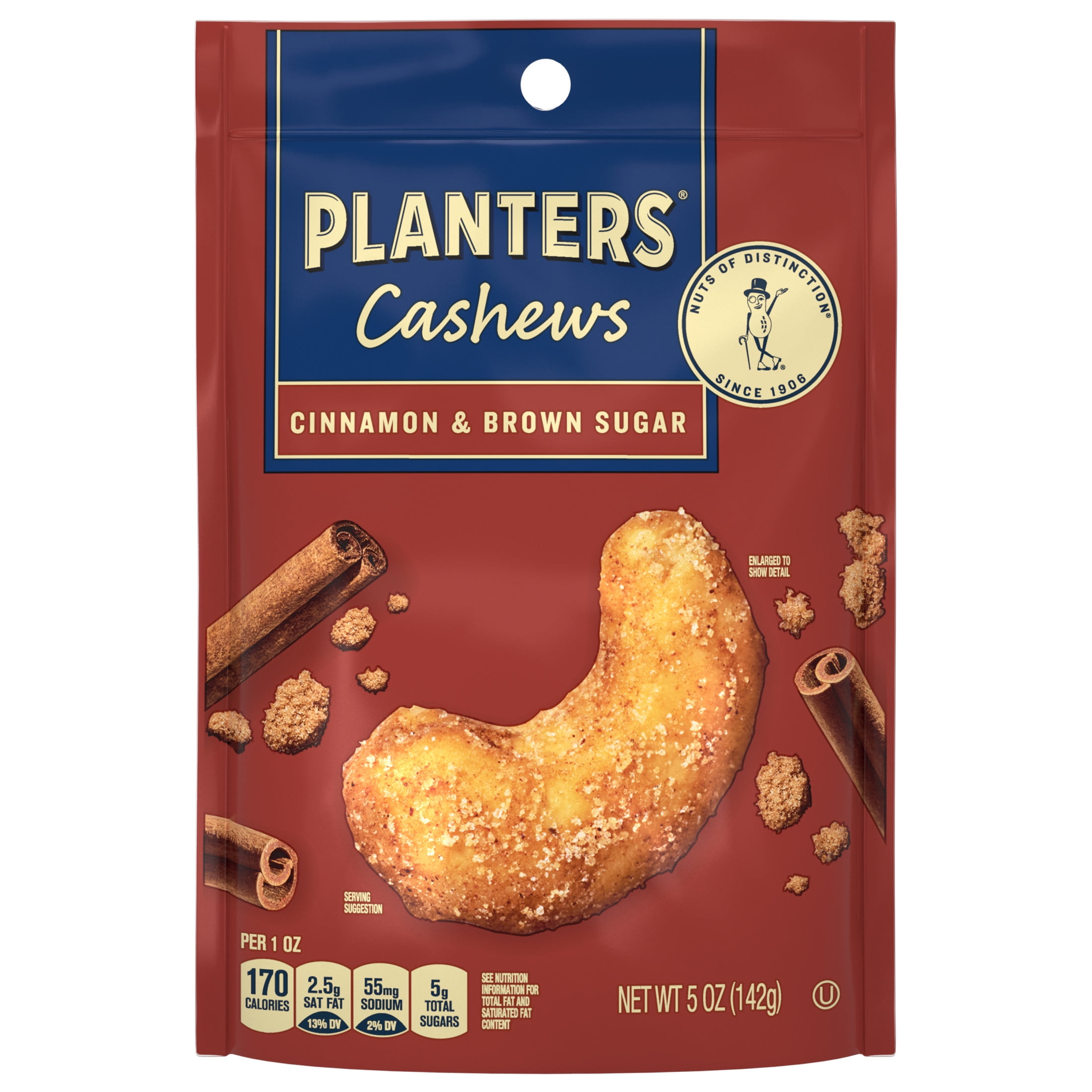 PLANTERS Cashews Cinnamon & Brown Sugar, Party Snacks, Plant Based Protein, 5 Oz Bag