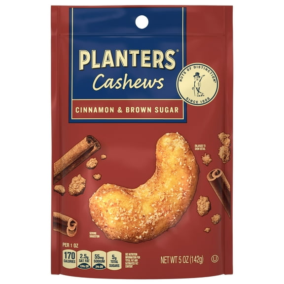 PLANTERS Cashews Cinnamon & Brown Sugar, Party Snacks, Plant Based Protein, 5 oz Bag