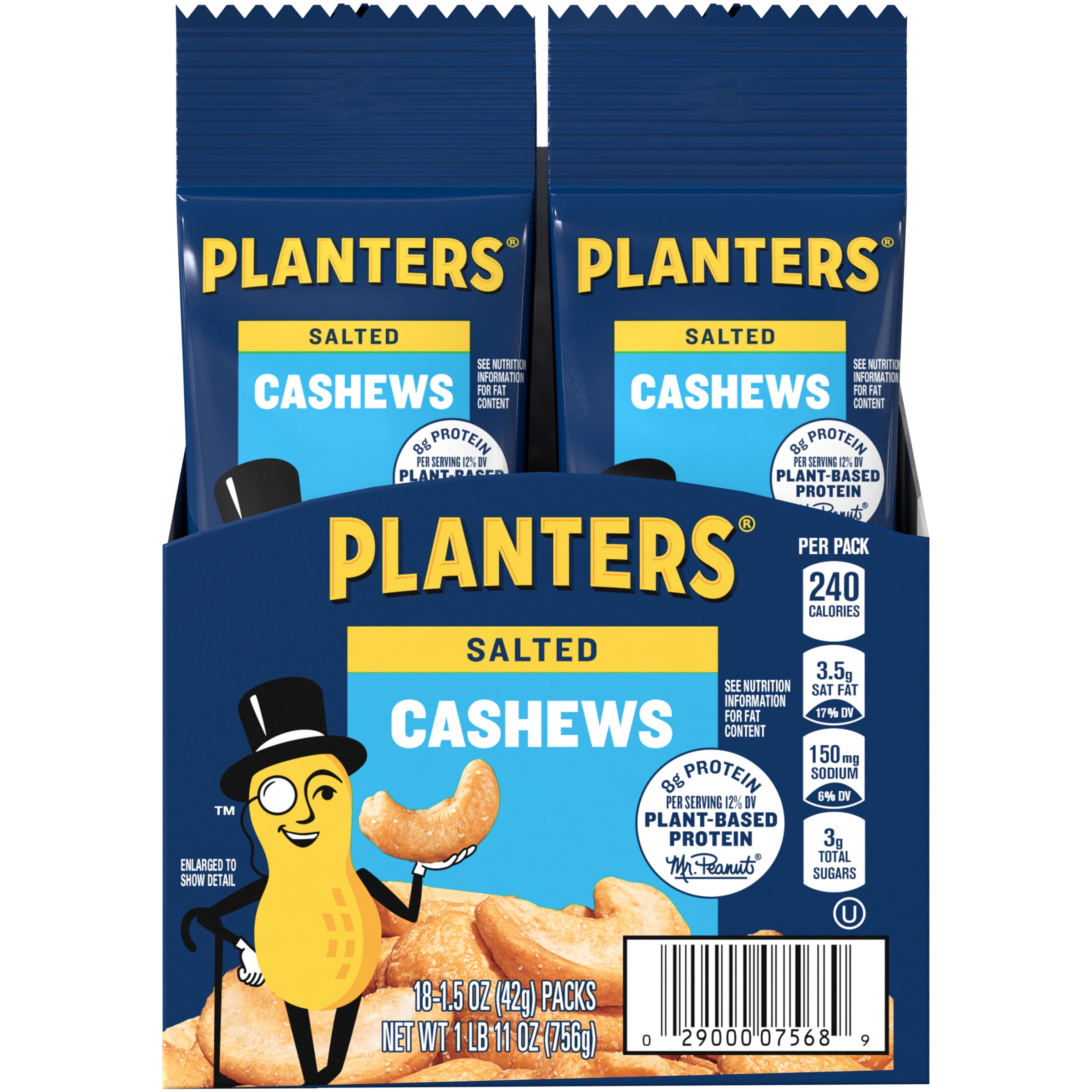 PLANTERS Cashews Salted Tube, Plantbased Protein Snack, 1.5 OZ Bag
