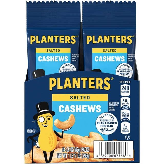 PLANTERS Cashews Salted Tube, Plantbased Protein Snack, 1.5 OZ Bag