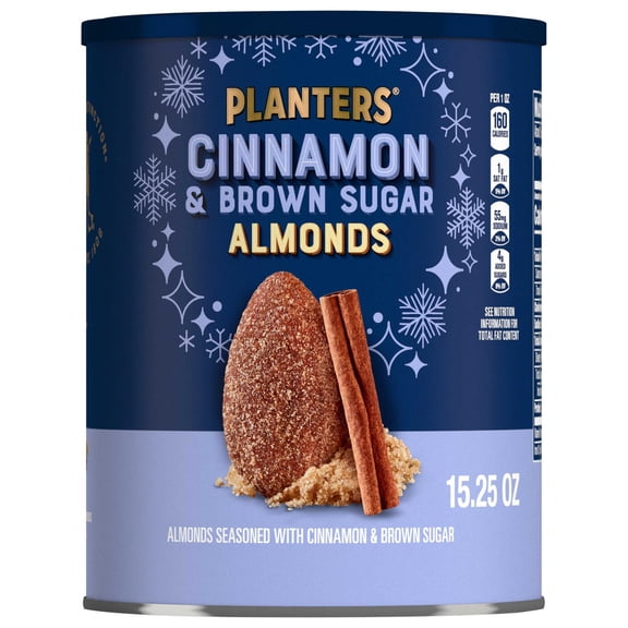 Planters Cinnamon & Brown Sugar Almonds, 5g Protein (3% DV) per serving, Plant Based Protein Snacks, 15.25 oz Resealable Can