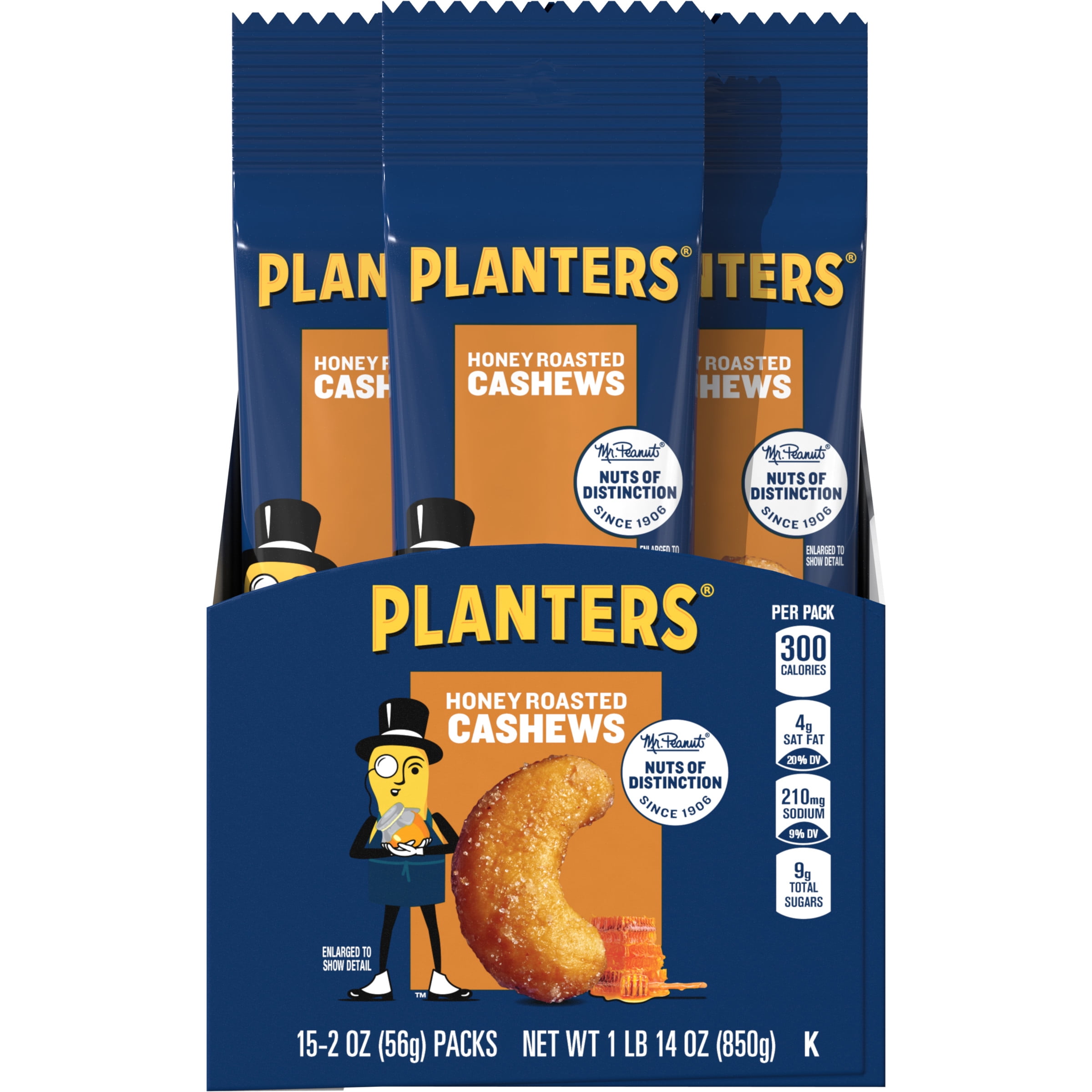 PLANTERS Deluxe Honey Roasted Whole Cashews, PlantBased Protein, 2 oz