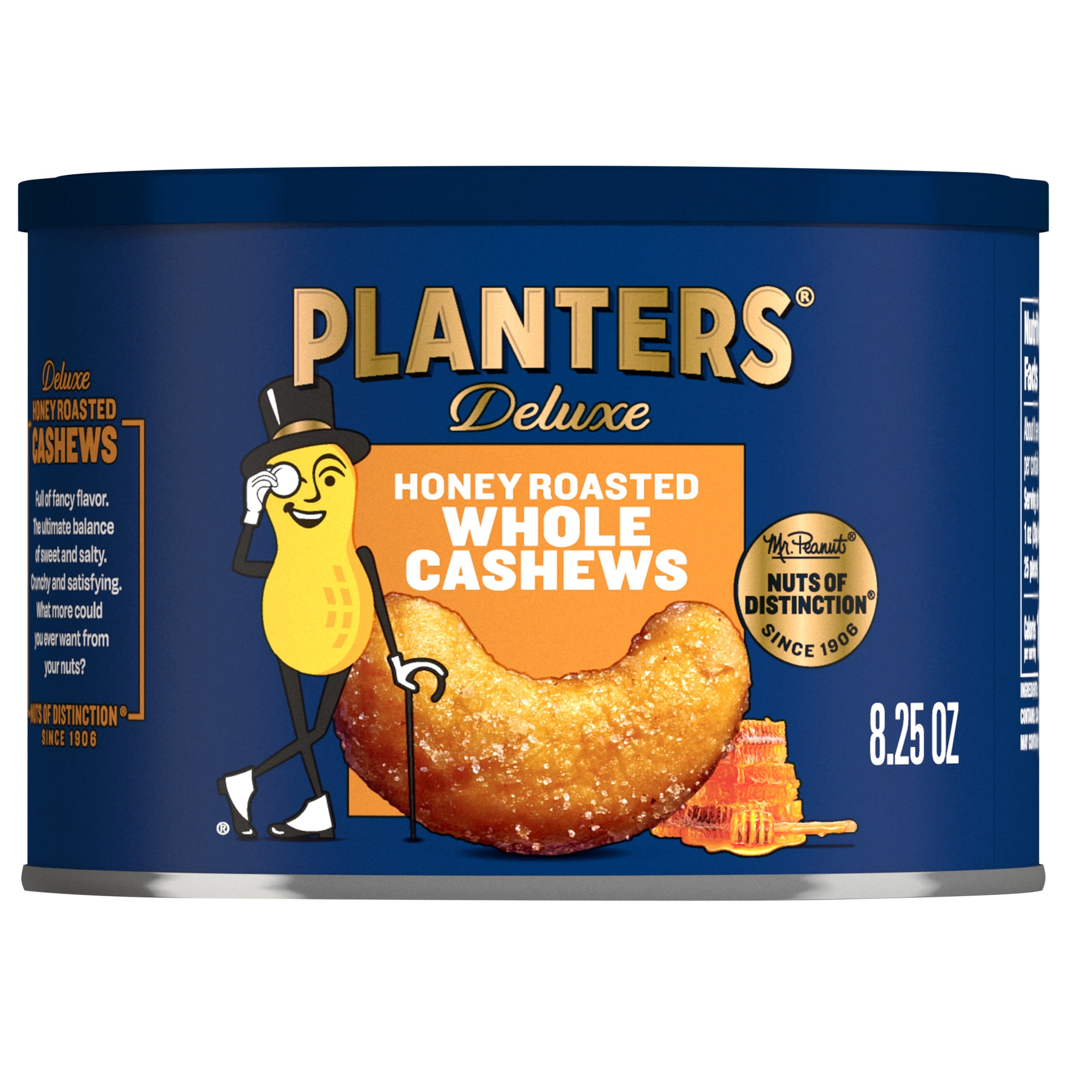 PLANTERS Deluxe Honey Roasted Whole Cashews, Sweet and Salty Snacks, Plant Based Protein 8.25 oz Can