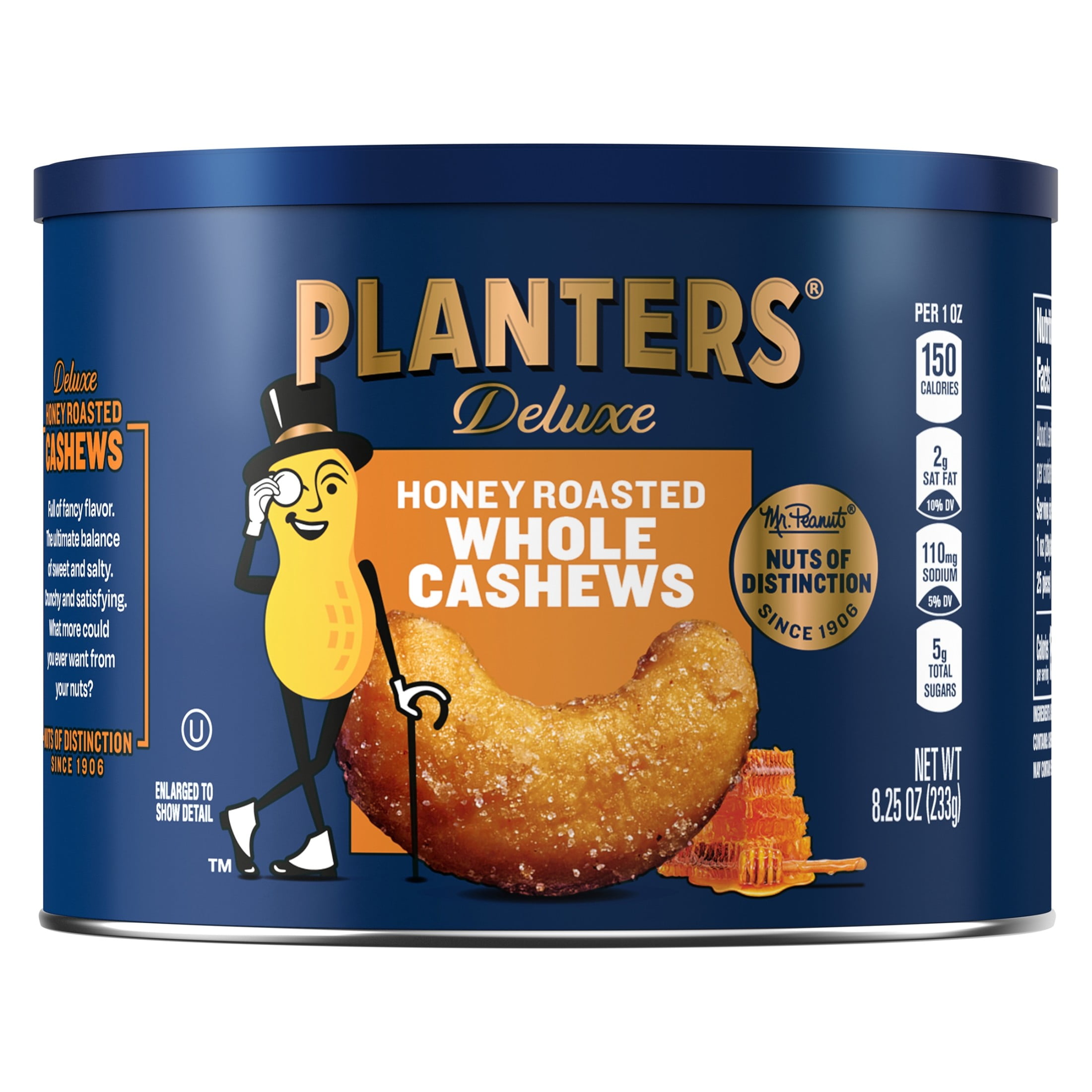 PLANTERS Deluxe Honey Roasted Whole Cashews, Sweet and Salty Snacks, Plant Based Protein 8.25 oz Steel Can