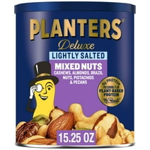 PLANTERS Deluxe Lightly Salted Mixed Nuts, Party Snacks, Plant-Based Protein 15.25oz (1 Canister)
