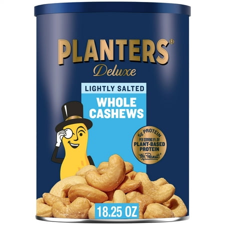 PLANTERS Deluxe Lightly Salted Whole Cashews, Party Snacks, Plant-Based Protein 18.25oz (1 Canister)