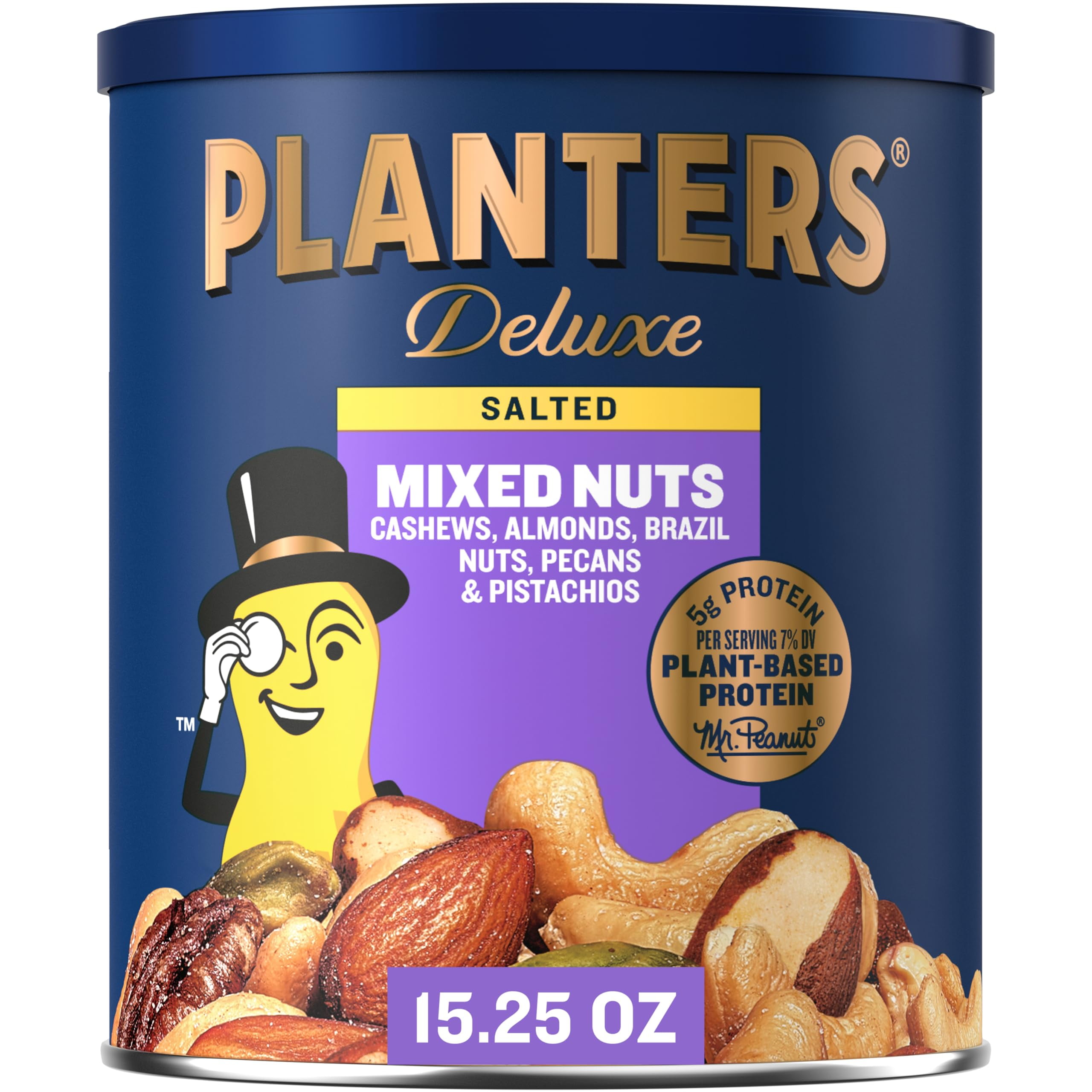 PLANTERS Deluxe Mixed FEV6Nuts - Roasted Cashews, Almonds, Brazil Nuts, Pistachios, and Pecans, Plant-Based Protein, Quick Snack, 15.25oz Canister