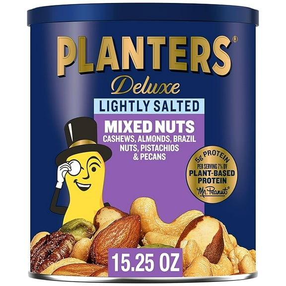 PLANTERS Deluxe Mixed Nuts, Cashews, Almonds, Brazil Nuts Mix, Pistachios, Pecans, Lightly Salted, Snacks for Adults and Kids, Party Snack, 15.25oz
