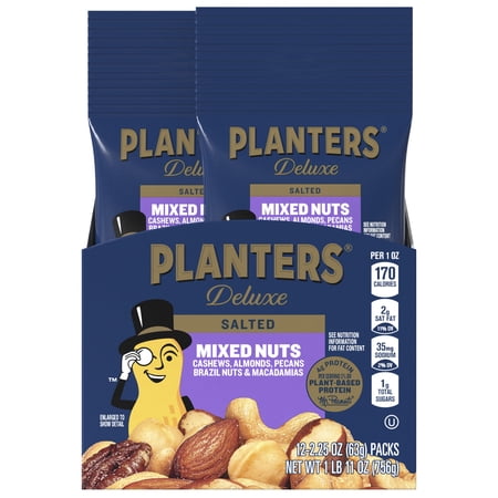 PLANTERS Deluxe Mixed Nuts, Party Snacks, Plant Based Protein, 2.25 oz Plastic Bag (Pack of 12)