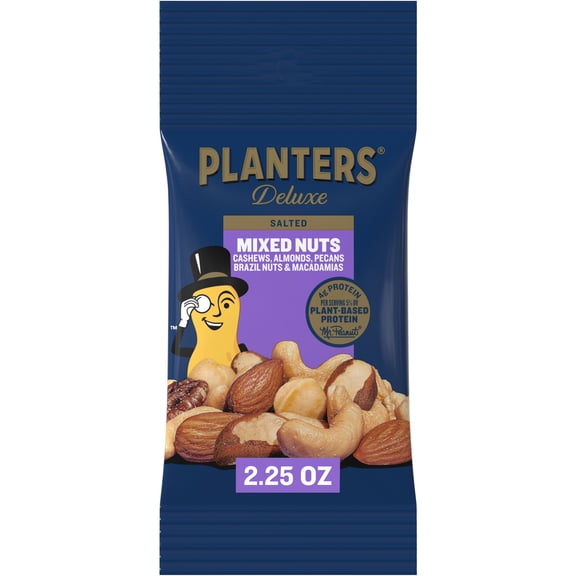 PLANTERS Deluxe Mixed Nuts with Cashews, Almonds, Pecans, Brazil Nuts and Macadamias, Plant Based Protein, 2.25 oz Bag