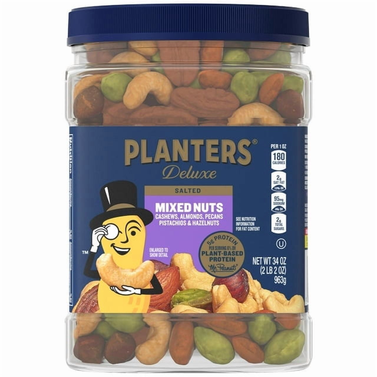 PLANTERS Deluxe Salted Mixed Nuts, Party Snacks, Plant-Based Protein, 34 oz Plastic Jar (Pack of 2)