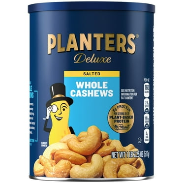 PLANTERS Deluxe Salted Whole Cashews, Party Snacks, Plant-Based Protein, 18.25 oz Steel Can