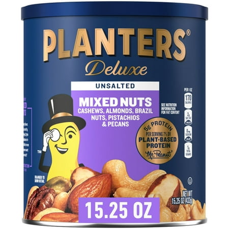 PLANTERS Deluxe Unsalted Mixed Nuts, Party Snacks, Plant-Based Protein, 15.25 oz Canister