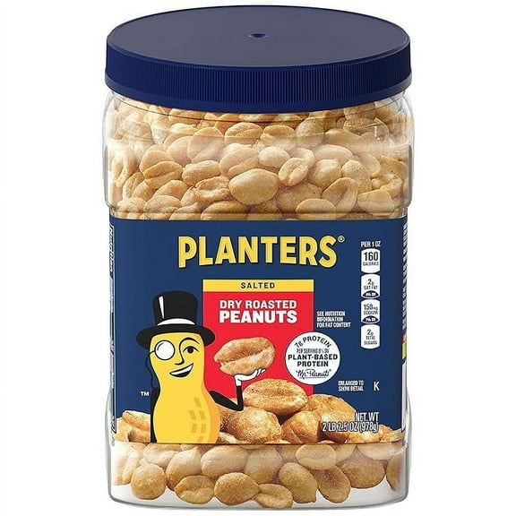 PLANTERS Dry Roasted Peanuts, 34.5 oz. Resealable Plastic Jar - Peanuts with Sea Salt -Great School Snack or Work Snack - Kosher( Pack of 2 )