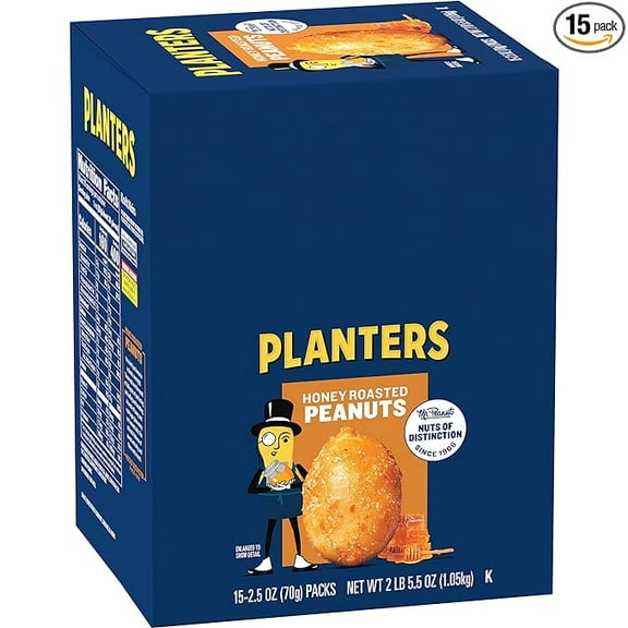 PLANTERS Honey Roasted Peanuts, 2.5 Ounce - 15 Count (Pack of 1) - Roasted with Honey and Sea Salt - Active Lifestyle Snacks, Movie Snacks and School Snacks - Kosher Peanuts