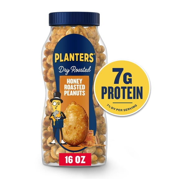 Planters Honey Dry Roasted Peanuts, 7g Protein (7% DV) per serving, Plant Based Protein Snacks for Adults, 16 oz Resealable Jar