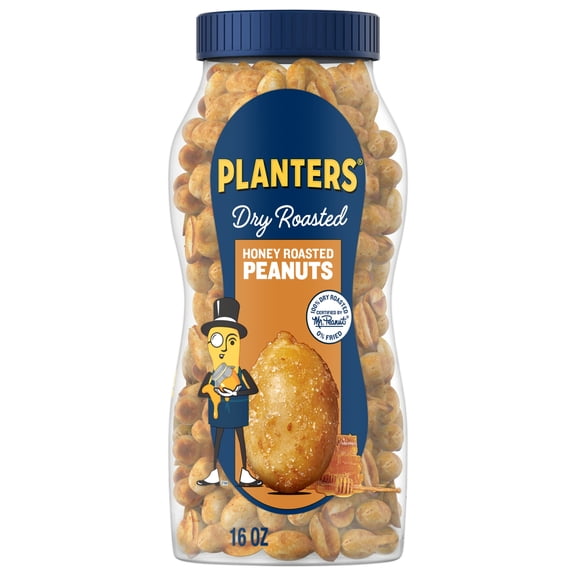 PLANTERS Honey Roasted Peanuts, Party Snacks, Plant-Based Protein, 16 oz Jar