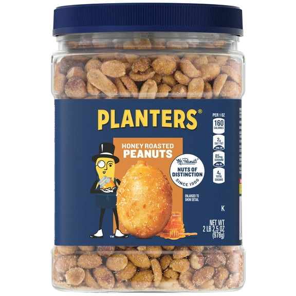 PLANTERS Honey Roasted Peanuts, Party Snacks, Plant Based Protein, 34.5 oz Jar