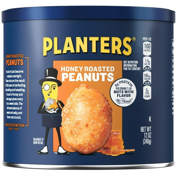 PLANTERS Honey Roasted Peanuts, Sweet and Salty Snacks, Plant Based Protein, 12 oz Canister