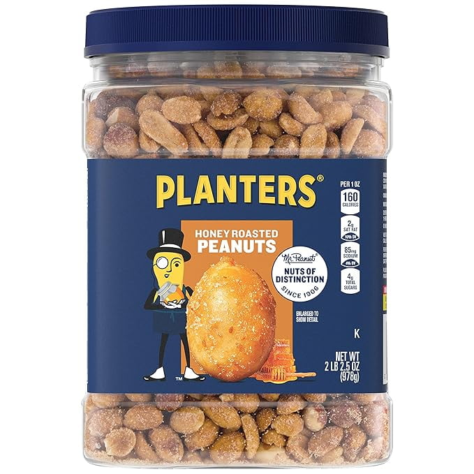 PLANTERS Honey Roasted Peanuts, Sweet and Salty Snacks, Plant-Based Protein 34.5oz (1 Jar)