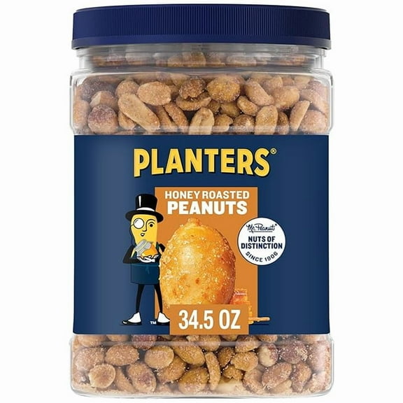 PLANTERS Honey Roasted Peanuts, Sweet and Salty Snacks, Plant-Based Protein 34.5oz (1 Jar)