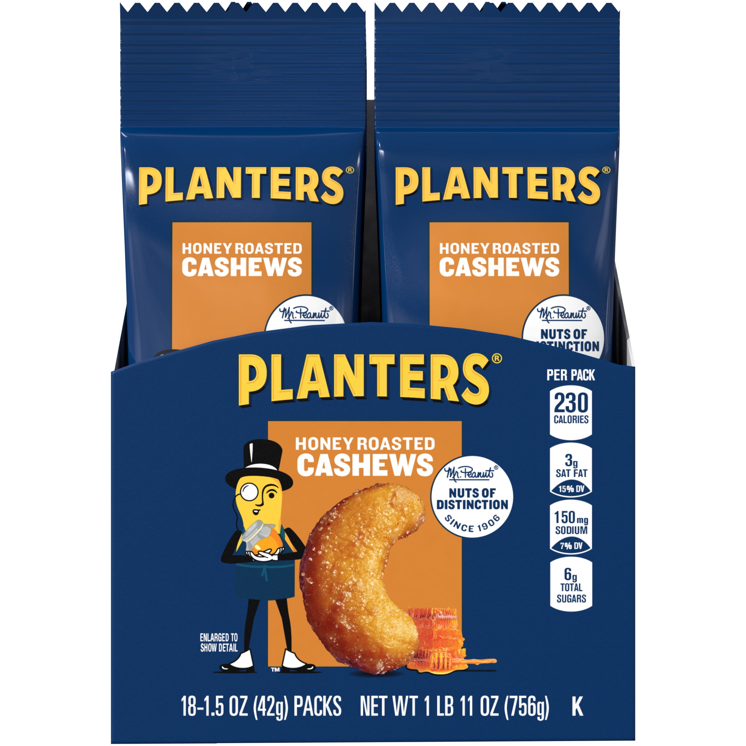 PLANTERS Honey Roasted Whole Cashews, Sweet and Salty Snacks, 1.5 oz