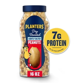 Planters Lightly Salted Dry Roasted Peanuts, 7g Protein (8% DV) per serving, Plant Based Protein Snacks for Adults, 16 oz Resealable Jar