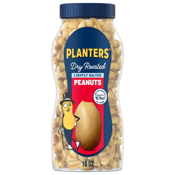 PLANTERS Lightly Salted Dry Roasted Peanuts, 7g (8% DV) Plant-Based Protein, Party Snacks, 16 oz Jar