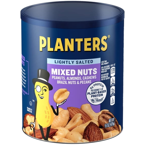 PLANTERS Lightly Salted Mix HP29Nuts, Party Snacks, Plant-Based Protein, 15 Oz Canister