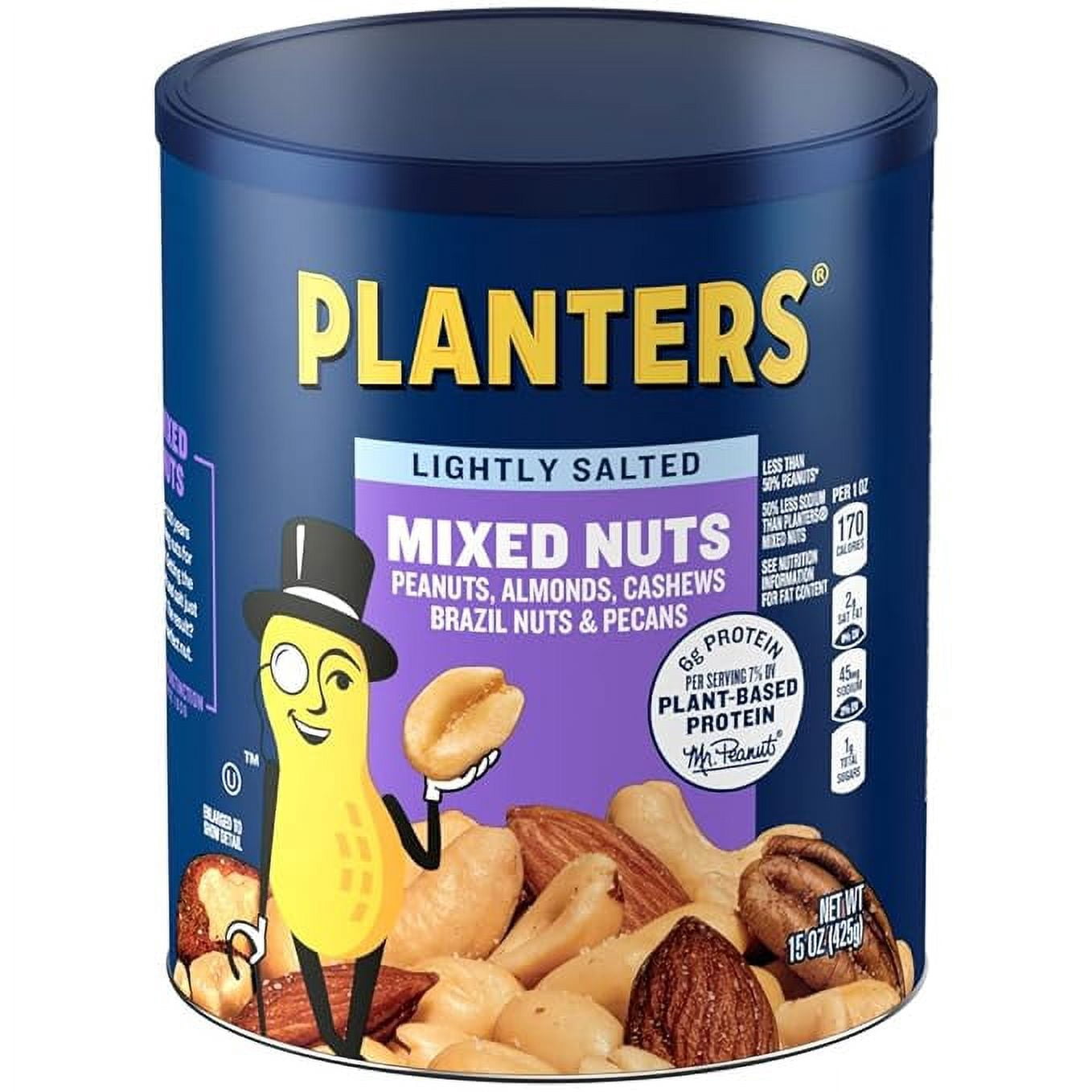 PLANTERS Lightly Salted Mix Nuts, Party Snacks, Plant-Based Protein, 15 Oz Canister( Pack of 2 )