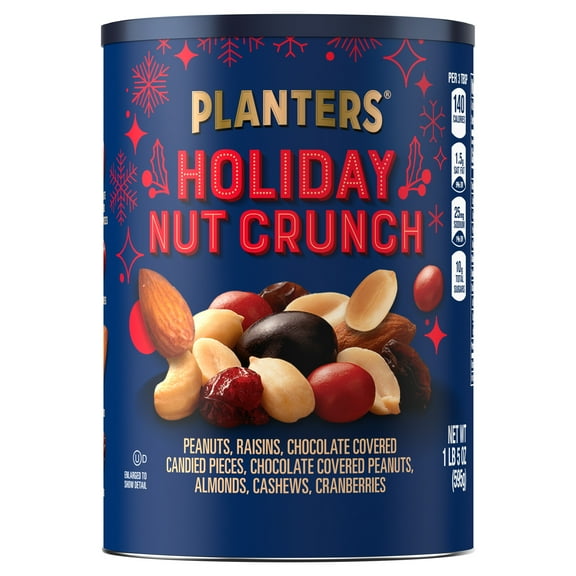 PLANTERS Limited Edition Trail Mixes Holiday Nut Crunch, Party Snacks, Plant Based Protein, 21 oz Resealable Canister