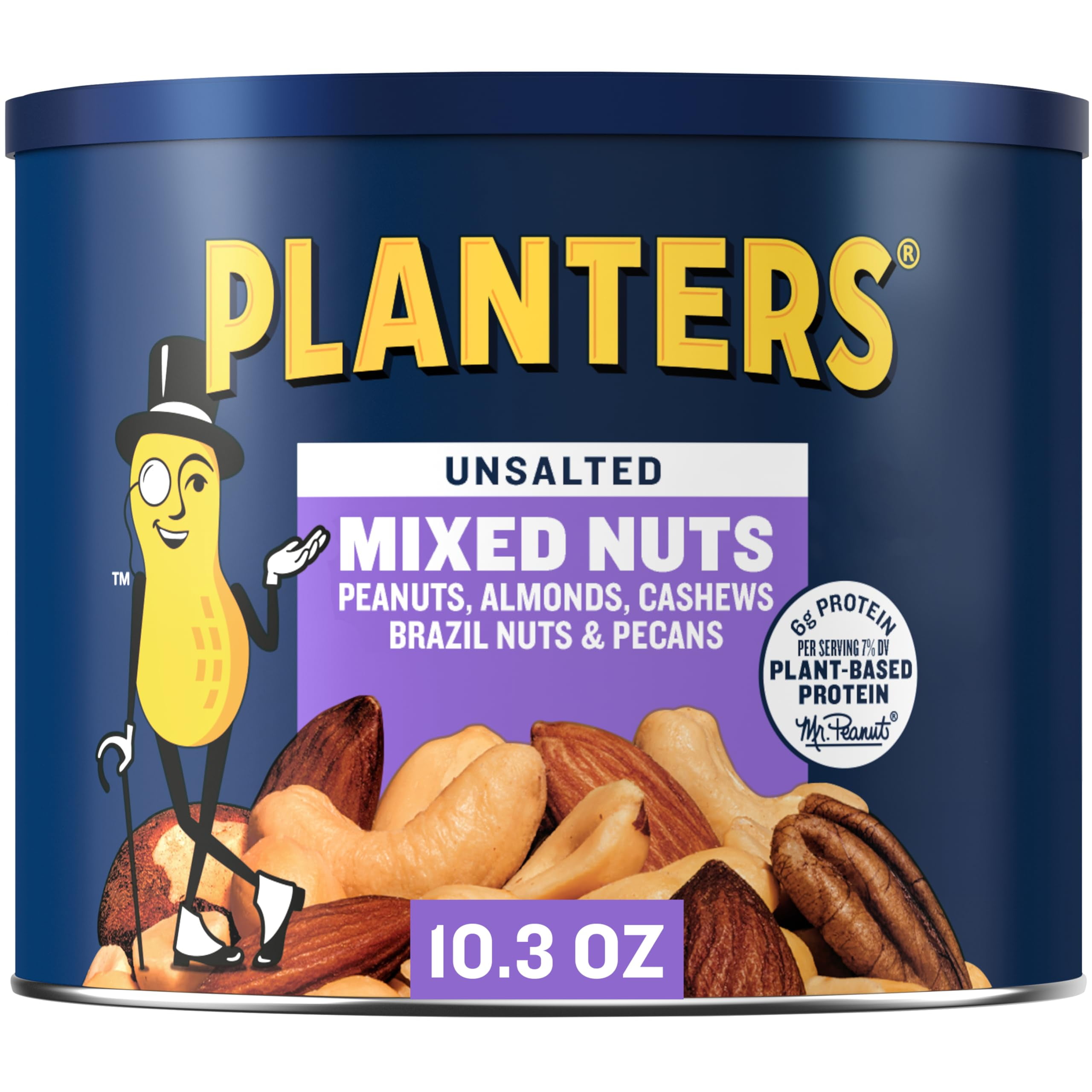 PLANTERS Mixed Nuts Unsalted, DMF15 Party Snacks, Plant-Based Protein, 10.3 oz Canister