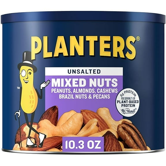PLANTERS Mixed Nuts Unsalted, Party Snacks, Plant-Based Protein, 10.3 oz Canister